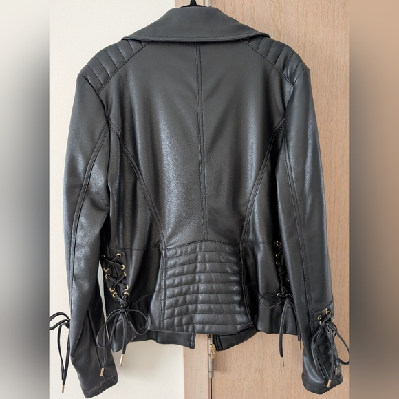 Guess Women's Black Faux Leather Moto Jacket with Gold Accents - Picture 5 of 9